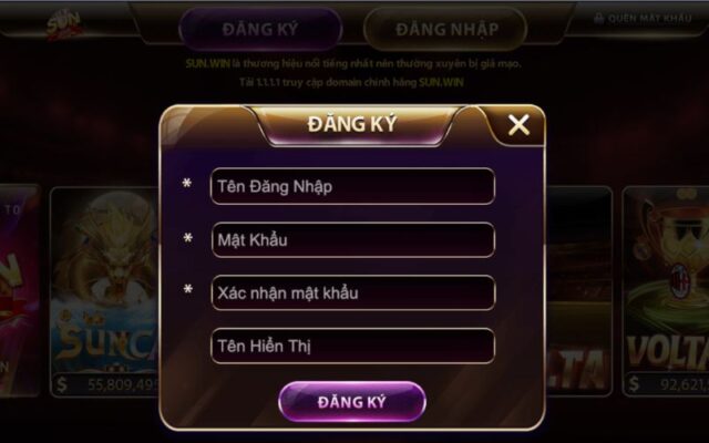 Giao diện đăng ký sunwin
